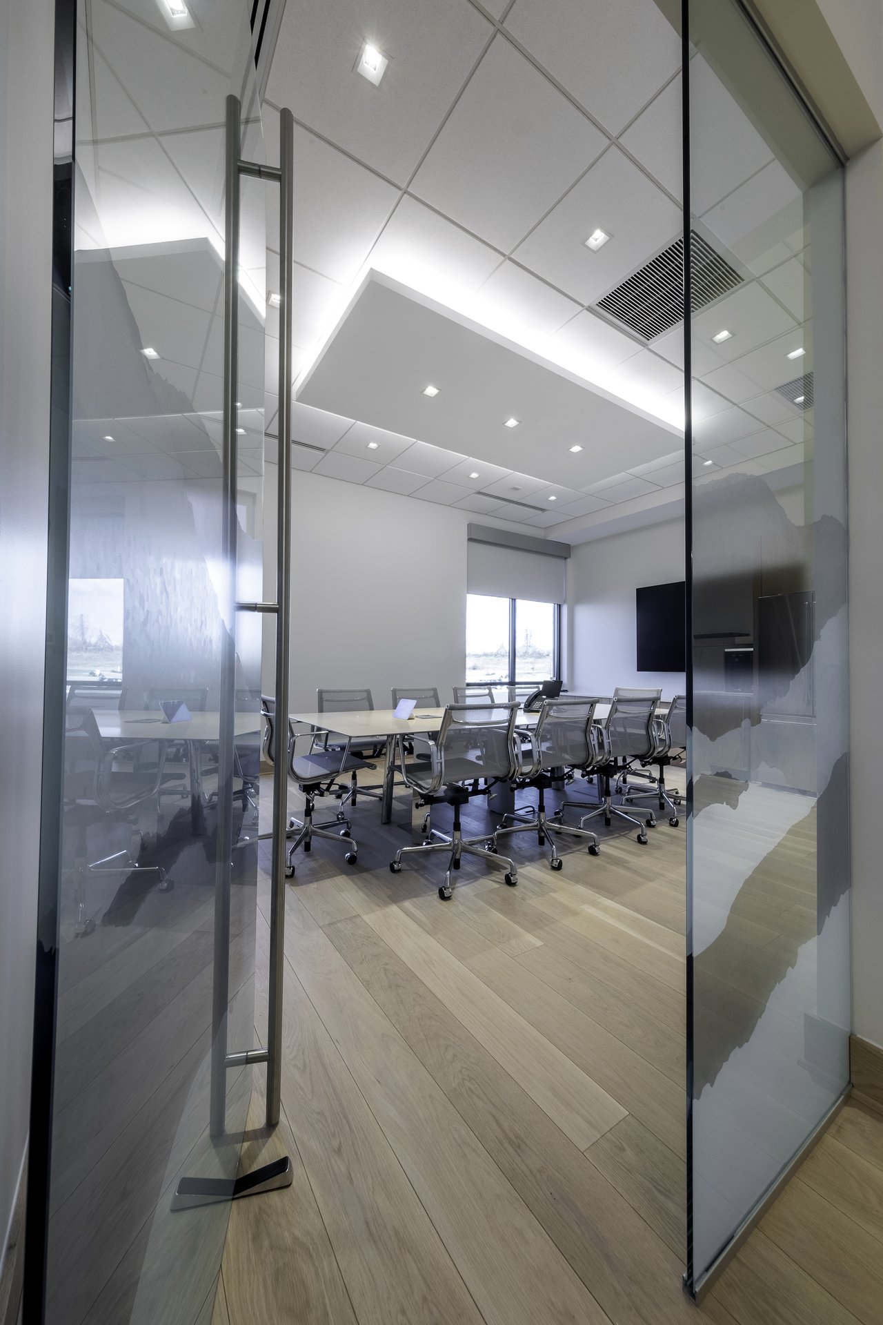 Office interior with tall ceilings